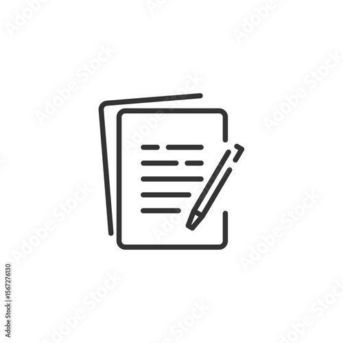コンテンツや企画をイメージしたシンプルな書類とペンのベクターアイコン (線画、モノクロ)