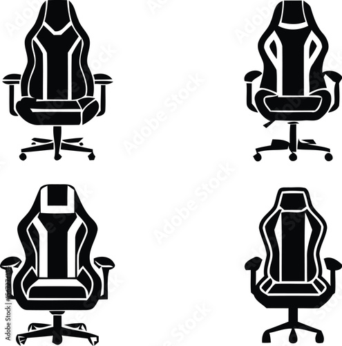 Gaming Chair Icons  A Vector Set Featuring Ergonomic Seats with High Backs, Armrests, and Rolling Bases for Streamlined Player Comfort