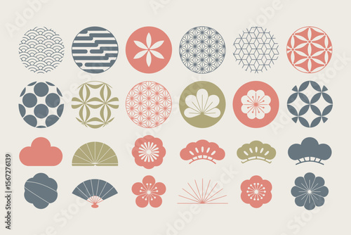 Pastel Japanese pattern and flower set, geometric circle motifs, traditional decorative elements, elegant vector, classic design