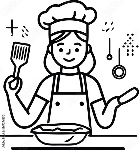 Chef Illustration Icon  A Vector Depicting Culinary Creativity with Apron, Spatula, and Rolling Pin in Playful, Line-Styled Form