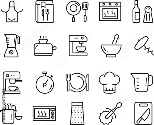 Kitchen Tool Icons  A Vector Set Featuring 20 Essential Cooking Utensils and Appliances, from Aprons to Blenders in Bold Silhouettes