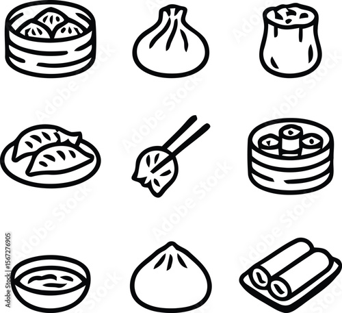Dumpling & Dim Sum Icons  A Vector Set of Silhouettes Depicting Steamed Baskets, Soup Bowls, Chopsticks, and Traditional Asian Snacks