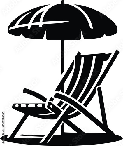 Beach Relaxation Icon A Vector Silhouette Featuring a Reclined Chair and Umbrella Symbolizing Leisure, Shade, and Coastal Serenity