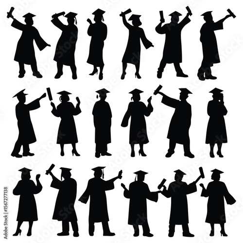 Graduation silhouettes celebrate academic achievements, highlighting student success and commencement day festivities in a celebratory black and white graphic.