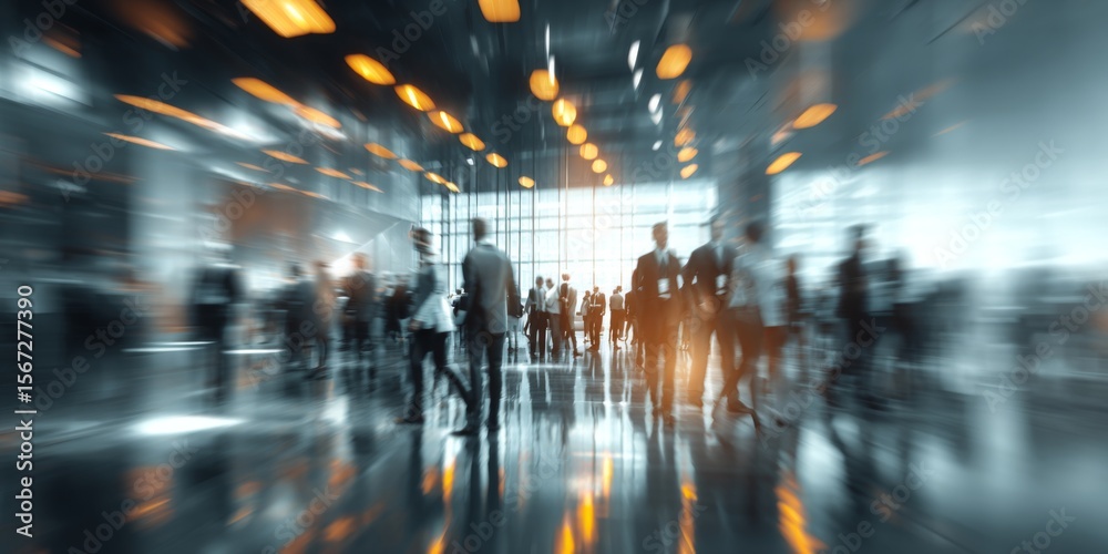 Fototapeta premium Busy modern office environment with professionals engaged in networking and teamwork during a vibrant business gathering or conference event