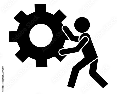 Stick Figure Pushing Gear silhouette vector illustration