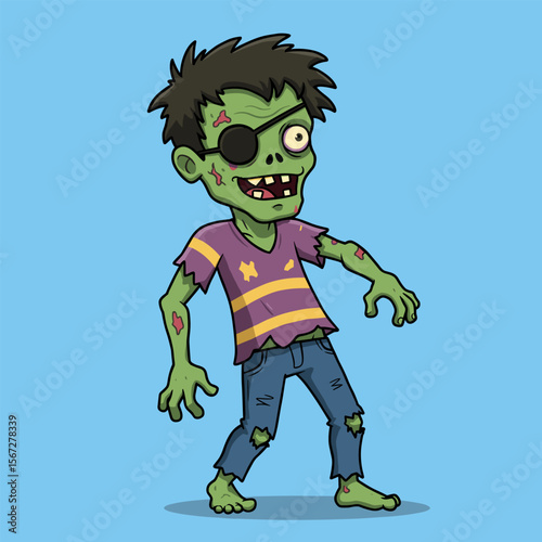 Cartoon zombie with green skin, striped shirt, torn jeans, and eyepatch, posing with arms outstretched on a light blue background.