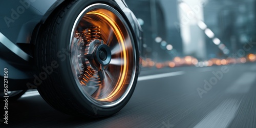 Close-Up of a Modern Vehicle Tire in Motion with Vibrant Light Effects and a Dynamic Urban Background
