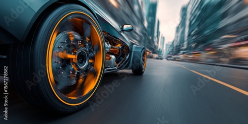 Dynamic close-up of a sleek sports car wheel in motion, capturing the thrill of speed on an urban street with blurred city backdrop
