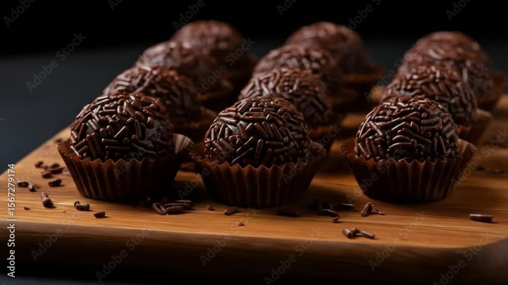 Brigadeiros neatly arranged on a wooden board, topped with chocolate sprinkles, concept of party dessert, traditional Brazilian sweet, festive and inviting presentation, warm lighting, close-up 