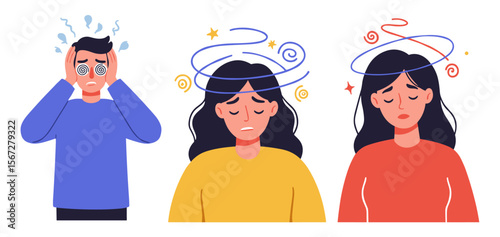 Three people experiencing dizziness, headache, and disorientation, illustrating symptoms of illness or stress.