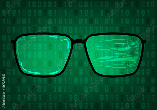 AR glasses with tech frame and circuit in front of binary digital code.
