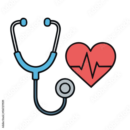 A medical illustration featuring a stethoscope and a stylized heart with a waveform.