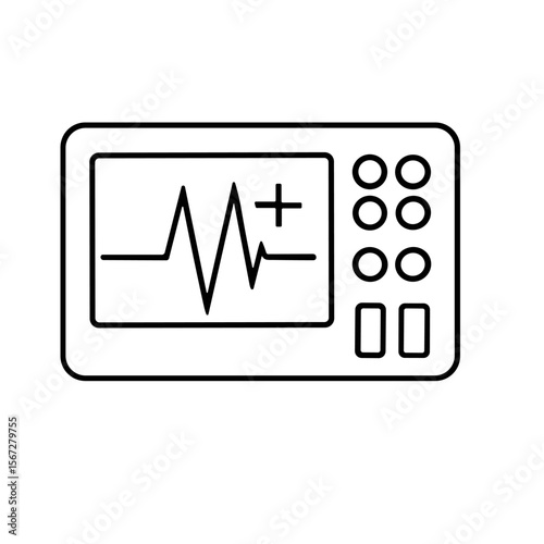 A line drawing of a medical monitor displaying a heart rate graph with buttons.