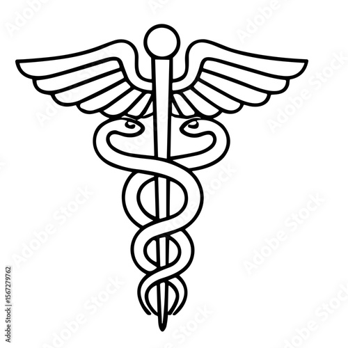 A black and white illustration of the medical Caduceus symbol.
