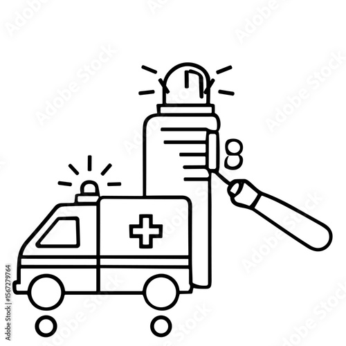 Line art illustration of an ambulance, a medical device, and a tool.