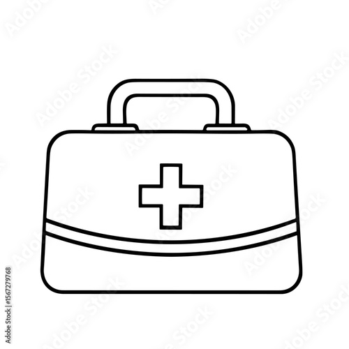 A simple line drawing of a medical kit, featuring a prominent cross.
