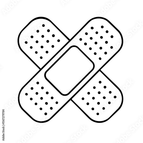Two crossed adhesive bandages, a simple graphic representation of first aid.