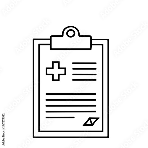 Medical report form on a clipboard, showing a cross symbol and lines for notes.