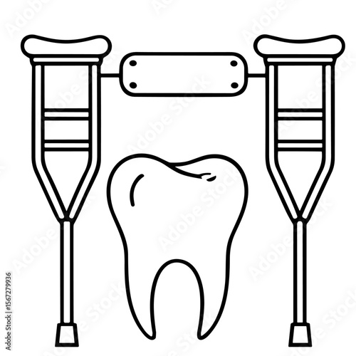 A tooth icon is supported by two crutches with a blank sign above, suggesting dental support or recovery.