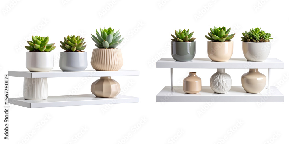 Modern Minimal Shelf with Small Succulents and Neutral Vases, isolated on transparent background PNG Modern Minimal Shelf with Small Succulents and Neutral Vases, isolated on transparent background PNG