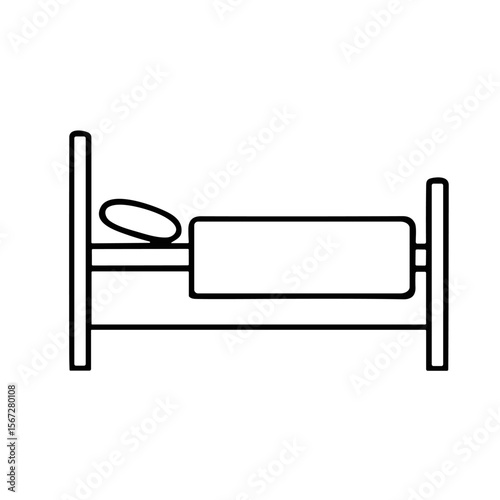 Minimalist line drawing of a bed with a pillow and blanket, side view.