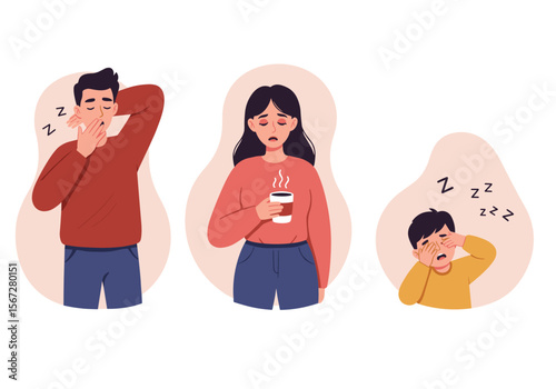 Vector illustration depicts three individuals—a man yawning, a woman holding a steaming cup, and a child sleeping—all conveying feelings of tiredness and fatigue.