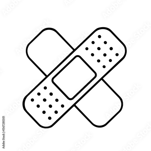 Two adhesive bandages crossed, simple line art illustration.