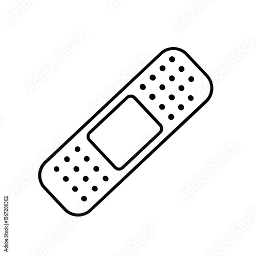 A simple black and white illustration of an adhesive bandage, ready for use.