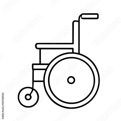 Line drawing of a standard wheelchair, mobility aid, simple design.