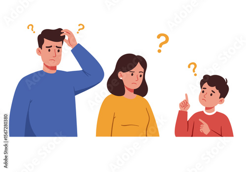 A confused family with a child pointing and asking questions, expressing doubt and uncertainty in a simple illustration.