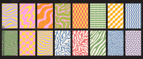 Summer party poster set, geometric memphis style. Hello summer  banner, cards, flayer with hand lettering Deformed fluid uneven organic seamless lines vector funky groovy maze backgrounds