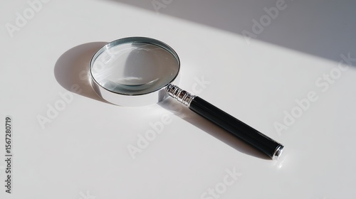 A chrome magnifying glass on white surface, symbolizing focus and precision in exploration
