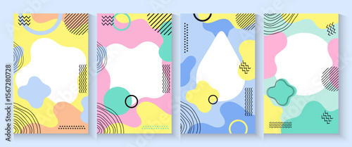 Summer party poster set, geometric memphis style. Hello summer  banner, cards, flayer with hand lettering Deformed fluid uneven organic seamless lines vector funky groovy maze backgrounds