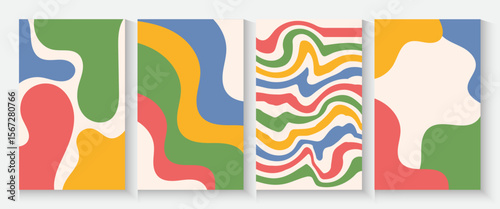 Summer party poster set, geometric memphis style. Hello summer  banner, cards, flayer with hand lettering Deformed fluid uneven organic seamless lines vector funky groovy maze backgrounds