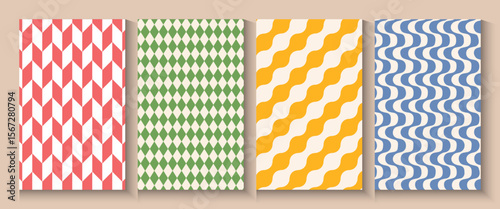 Summer party poster set, geometric memphis style. Hello summer  banner, cards, flayer with hand lettering Deformed fluid uneven organic seamless lines vector funky groovy maze backgrounds