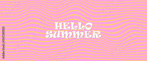 Summer party poster set, geometric memphis style. Hello summer  banner, cards, flayer with hand lettering Deformed fluid uneven organic seamless lines vector funky groovy maze backgrounds