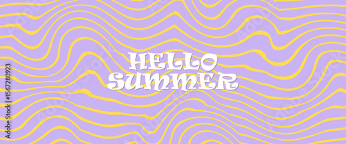 Summer party poster set, geometric memphis style. Hello summer  banner, cards, flayer with hand lettering Deformed fluid uneven organic seamless lines vector funky groovy maze backgrounds