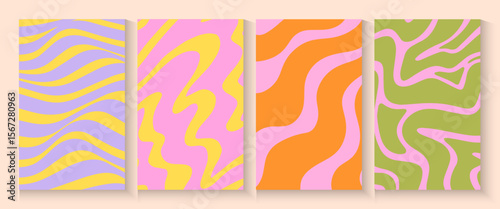 Summer party poster set, geometric memphis style. Hello summer  banner, cards, flayer with hand lettering Deformed fluid uneven organic seamless lines vector funky groovy maze backgrounds