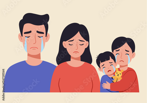 A sad family of four, including parents and two children, are crying together, expressing deep sorrow and emotional distress.