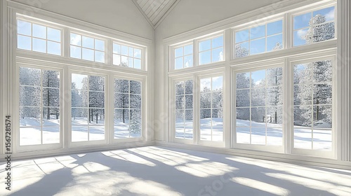 Bright Winter Interior  Snow-Kissed Forest Views Through Large Windows