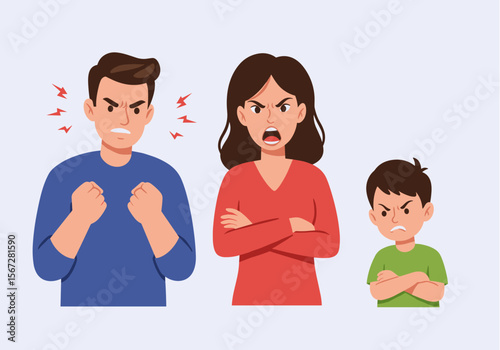 An angry father and mother are in a heated argument while their upset child looks on, illustrating family conflict and stress.