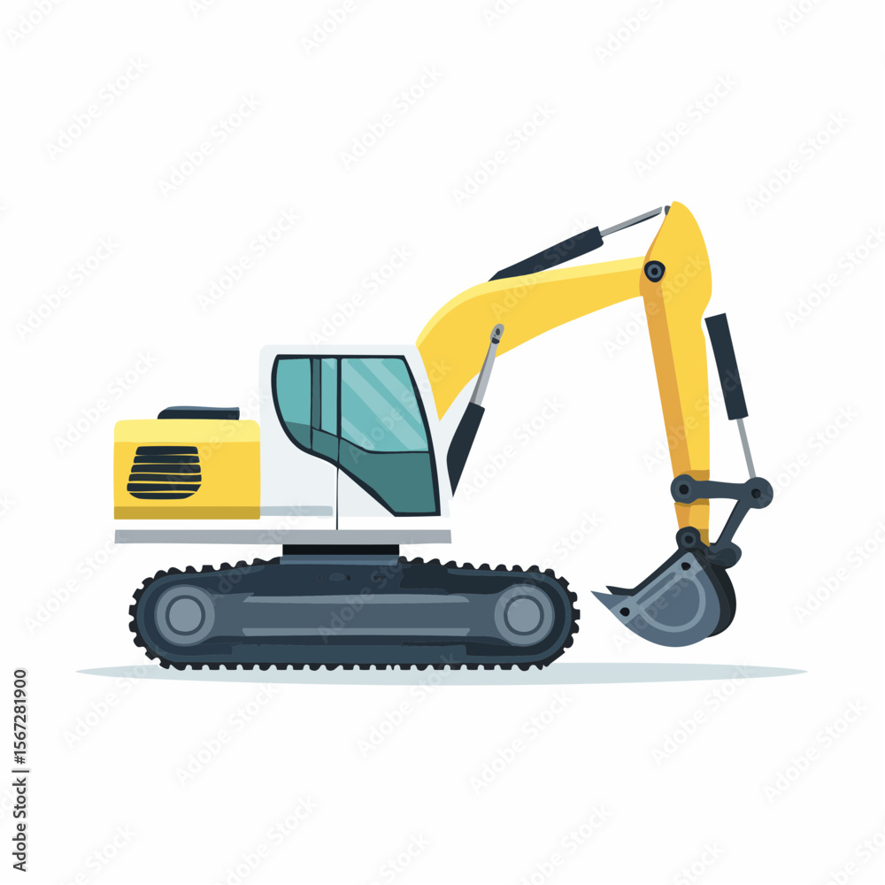 Fototapeta premium Excavator Action, Yellow Firefly Vector, Clean Background, Illustration, Industrial Environment, Side View, Construction Concept