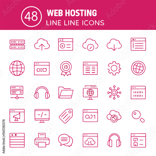 Fortyeight red line icons show digital web hosting, cloud services and related technology elements