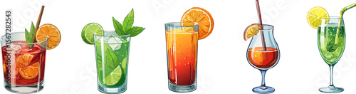 Five vibrant cocktails on display with colorful garnishes and straws, perfect for a refreshing experience. The drinks are varied in color and style, offering a sense of diversity and deliciousness