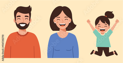 A joyful illustration of a smiling father, mother, and daughter expressing happiness and togetherness against a simple background.