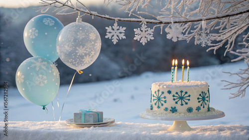 Snowy winter birthday card with frosty balloons, a snowflake-decorated cake, and candles warming the cold, icy scene.
