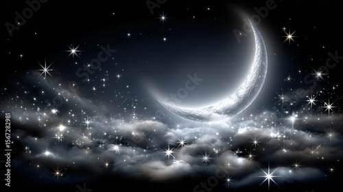 Crescent Moon Above Glittering Clouds And Stars