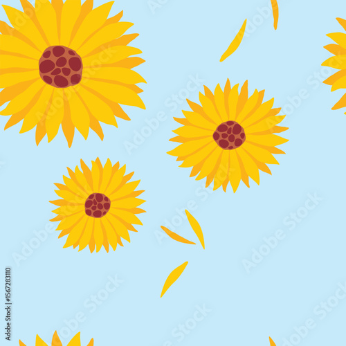 Vector of Sunflowers and petals floating in the wind, seamless flower pattern with minimal design. Pastel pattern with a simple hand-drawn vector.