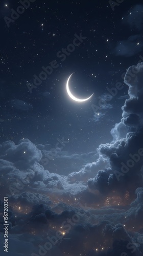 Crescent Moon and Starry Night Sky with Fluffy Clouds